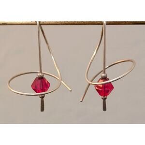 Vintage Signed ME 925 Sterling Red Crystal Bead Ear Spiral Ear Wire Earrings